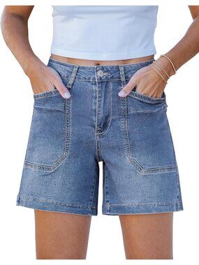 Women's Blue Trendy Mid Rise Summer Jorts Stretchy Denim Shorts with Pockects